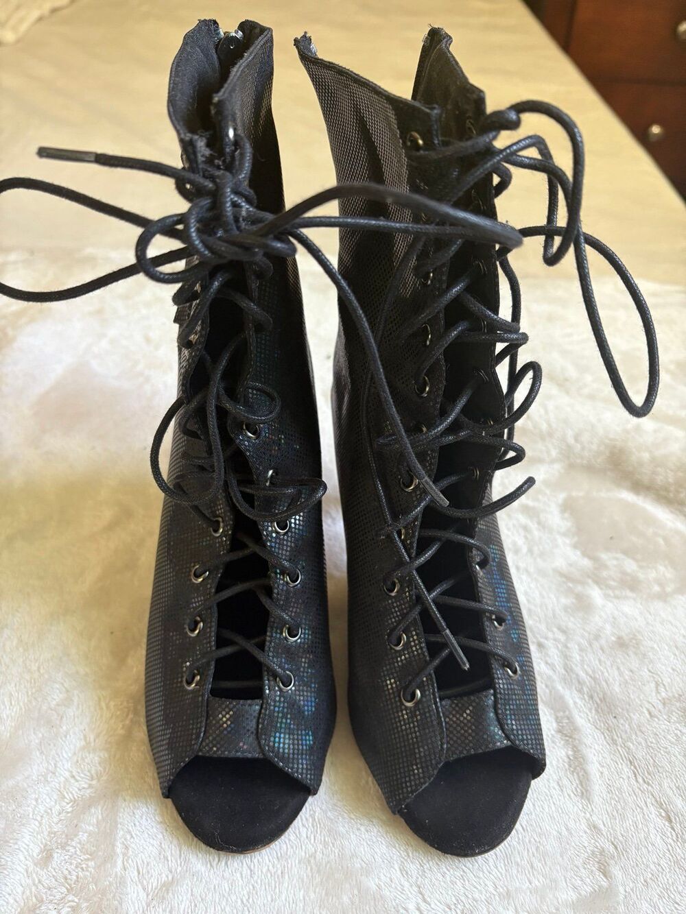 Burju Kiira Harper Deja Vu Open Toe Lace Up Heels 5.5 Blue Metallic Dance Bootie - Picture 4 of 8